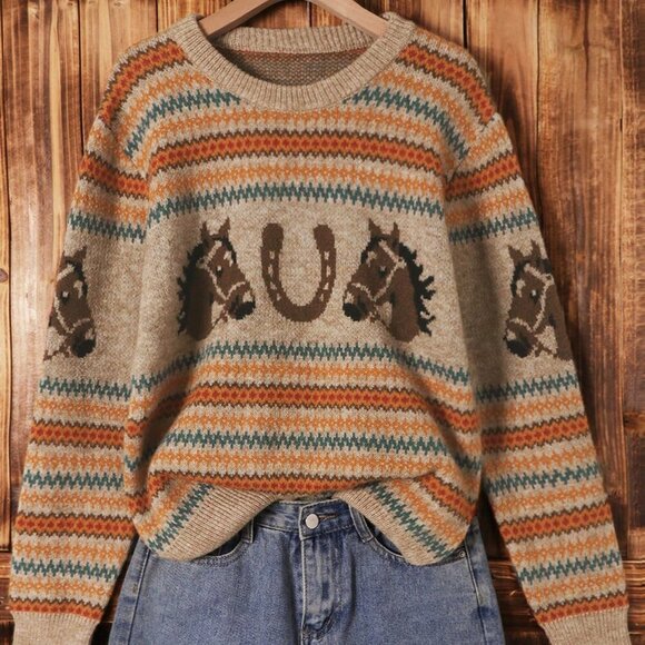 Sweaters - Multicolor Casual Women's Western Horse Graphic Sweater top